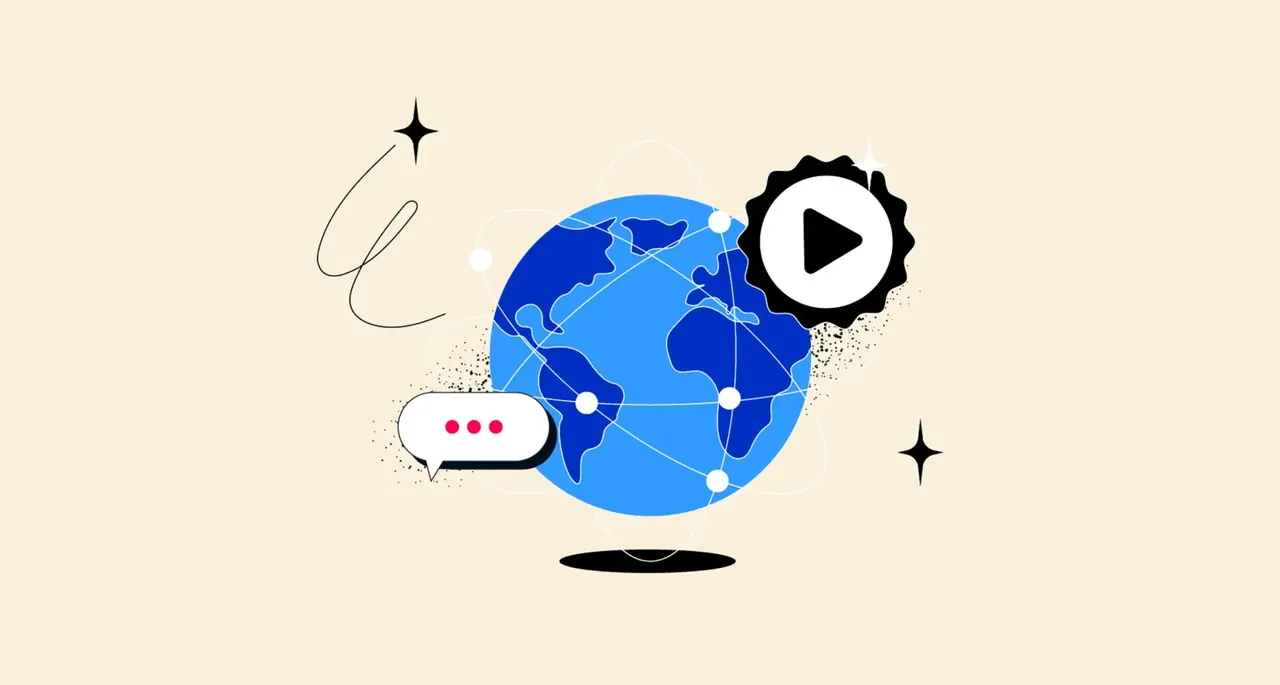 Illustration: Globus mit Chatblase und Play-Button