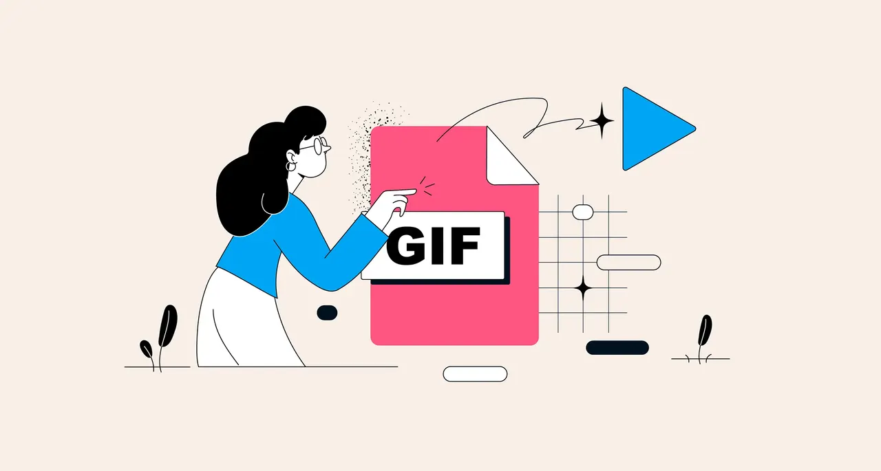 Eine Frau mit schwarzem Haar und Brille zeigt auf ein großes pinkes Dokument mit der Aufschrift 'GIF' und einen blauen Play-Button.