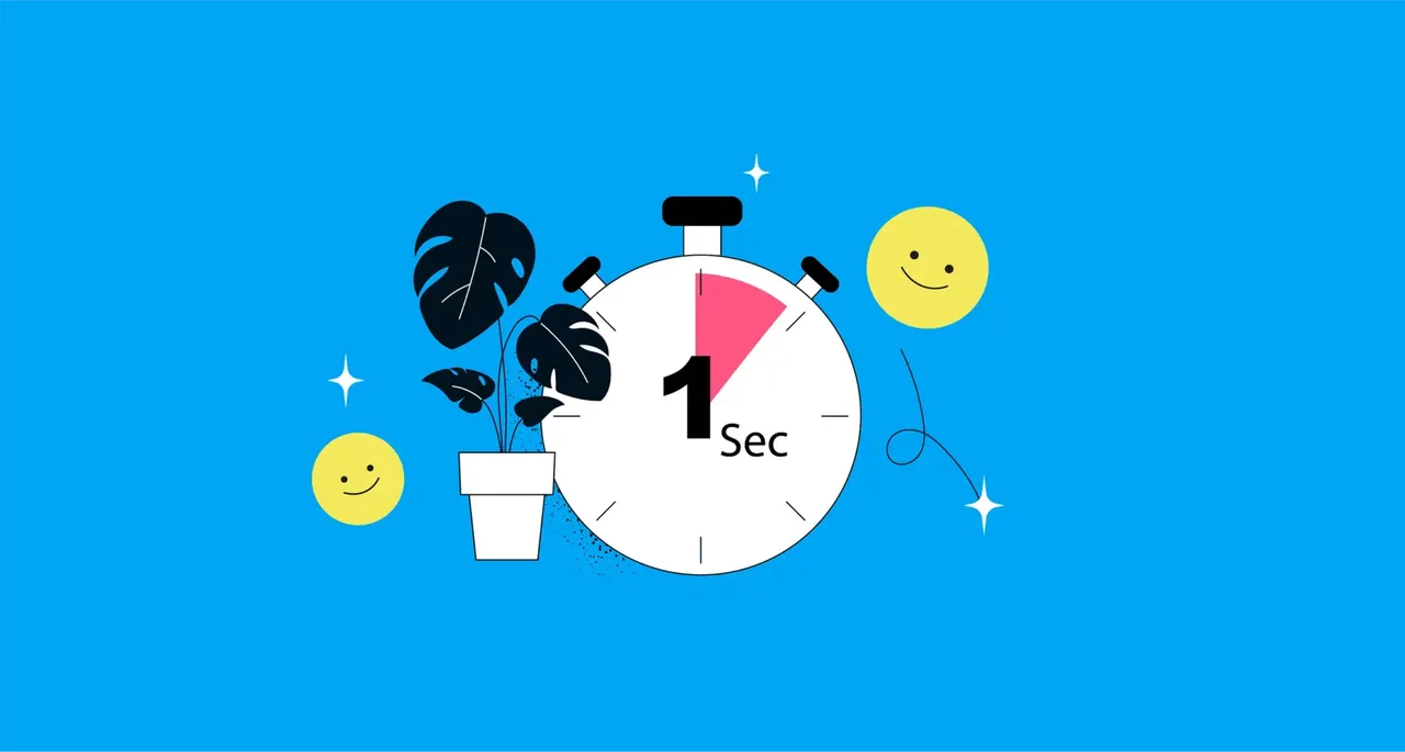 Illustration Stoppuhr mit 1 Sekunde, Topfpflanze und zwei gelben Smileys