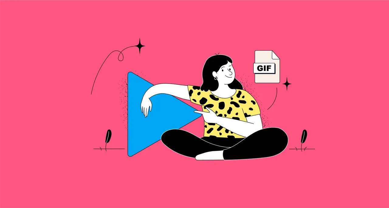 Illustration: Frau sitzt vor großem Play-Button, zeigt auf GIF-Datei
