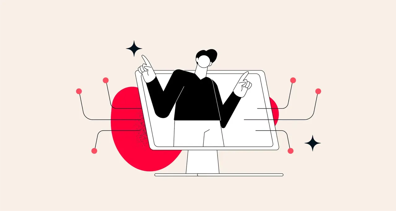 Illustration: Mann kommt aus Bildschirm, zeigt nach oben, rote Kreise mit Linien