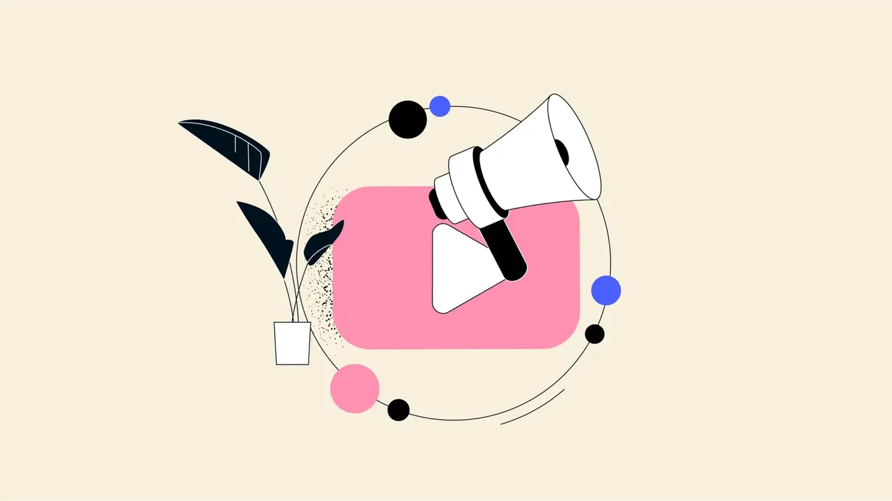 Illustration mit Megafon, Play-Symbol, Pflanze und bunten Kreisen auf beigem Grund; Symbol für digitale Kommunikation.