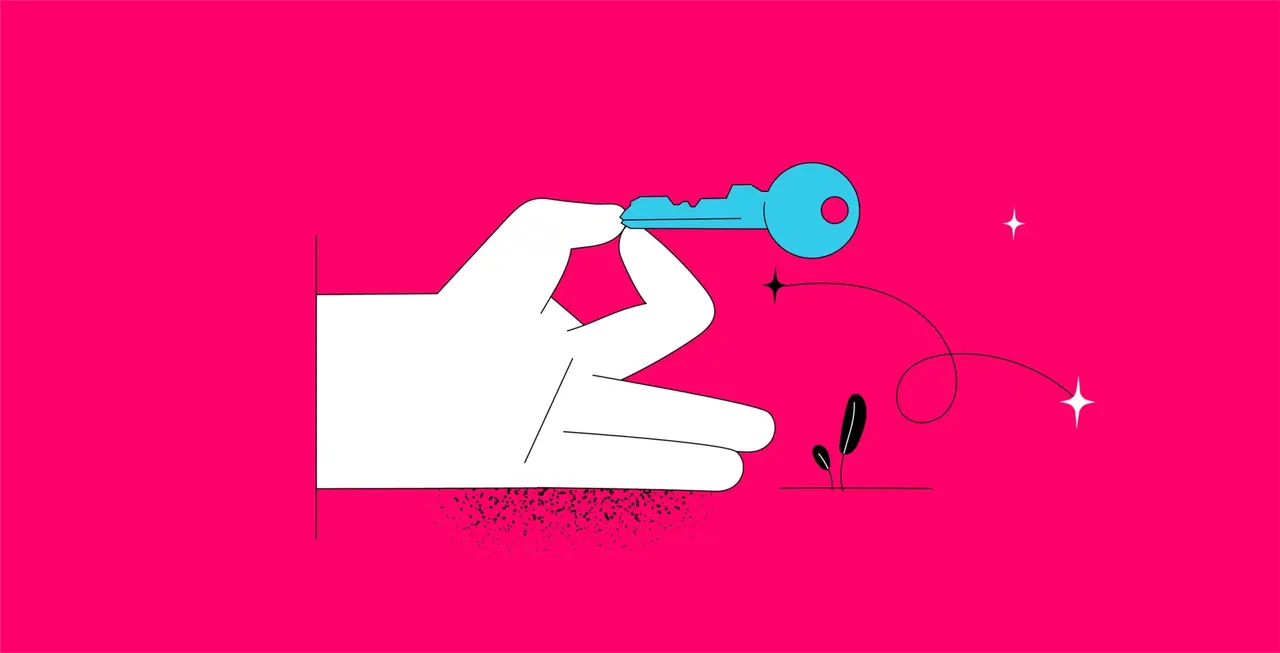 Illustration: Eine Hand hält einen blauen Schlüssel, daneben kleine Pflanzen und Sterne