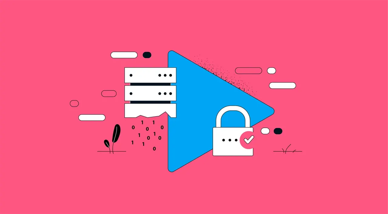 Illustration: Server, Binärcode, Vorhängeschloss mit Haken auf pinkem Hintergrund