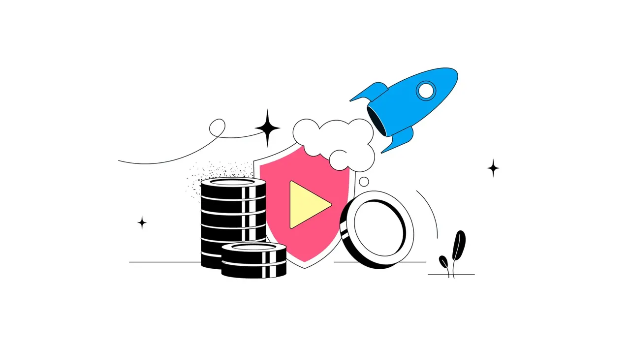 Illustration: Rakete startet, Schild mit Play-Button, Münzstapel