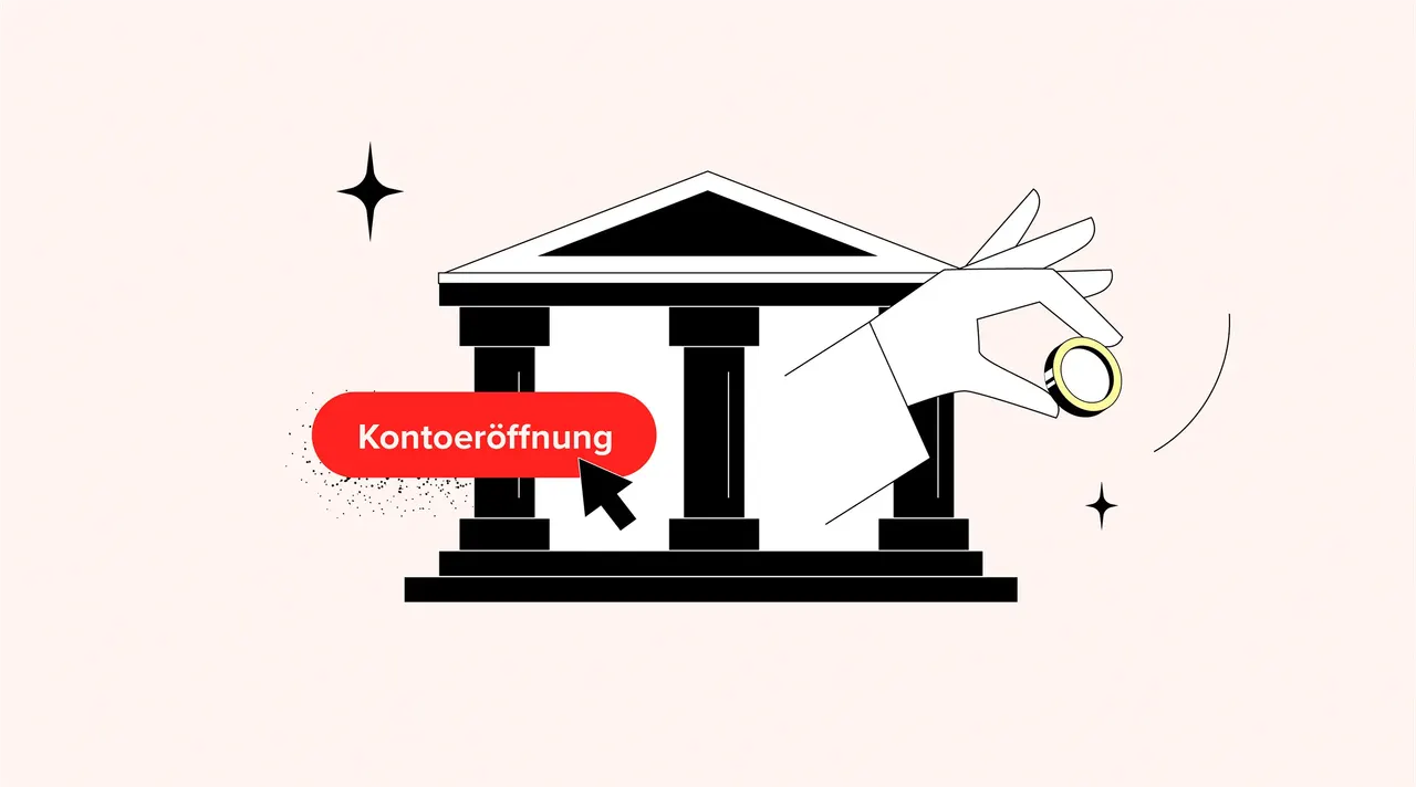Stylisierte Bank mit Säulen und Hand, die eine Münze hält, Cursor auf 'Kontoeröffnung'.