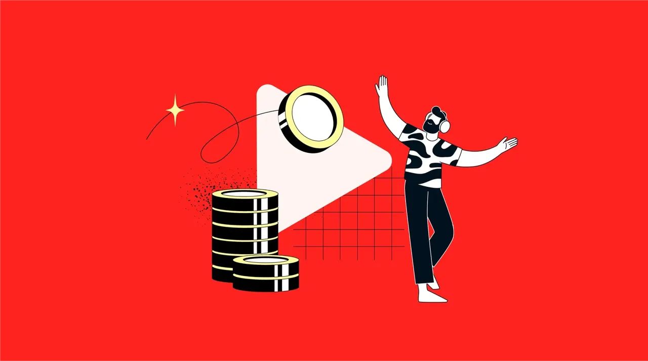 Illustration: Mann mit Kopfhörern tanzt vor YouTube-Play-Button und Geldmünzen