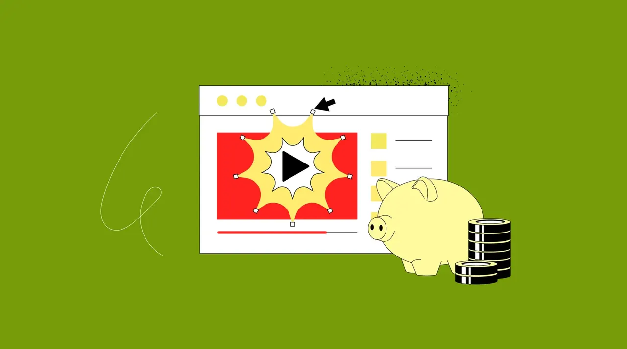 Illustration: Browserfenster mit Video und Play-Button, Sparschwein und Geldmünzen
