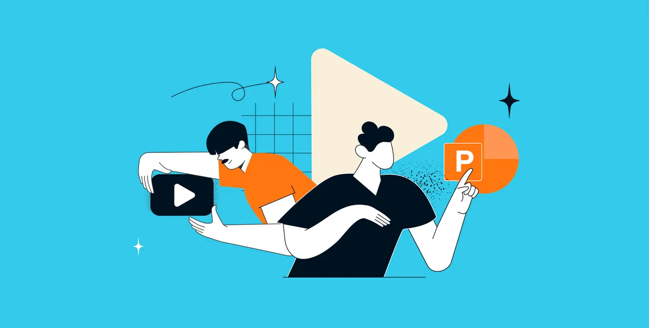 Zwei stilisierte Figuren: eine in orange mit Play-Button, andere in schwarz mit PowerPoint-Icon.