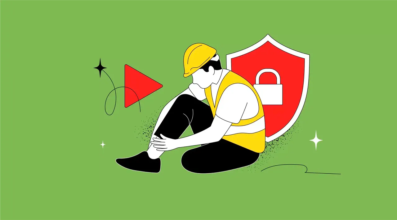 Bauarbeiter mit gelbem Helm sitzt verletzt am Boden, hält Bein; rotes Schild mit Schloss und Play-Icon auf grünem Hintergrund.