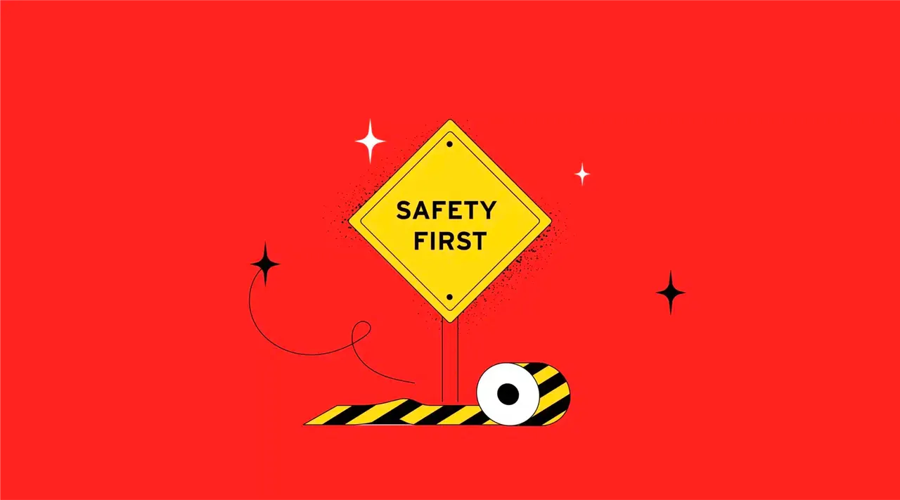 Illustration: gelbes Schild mit "SAFETY FIRST" und Absperrband auf rotem Grund