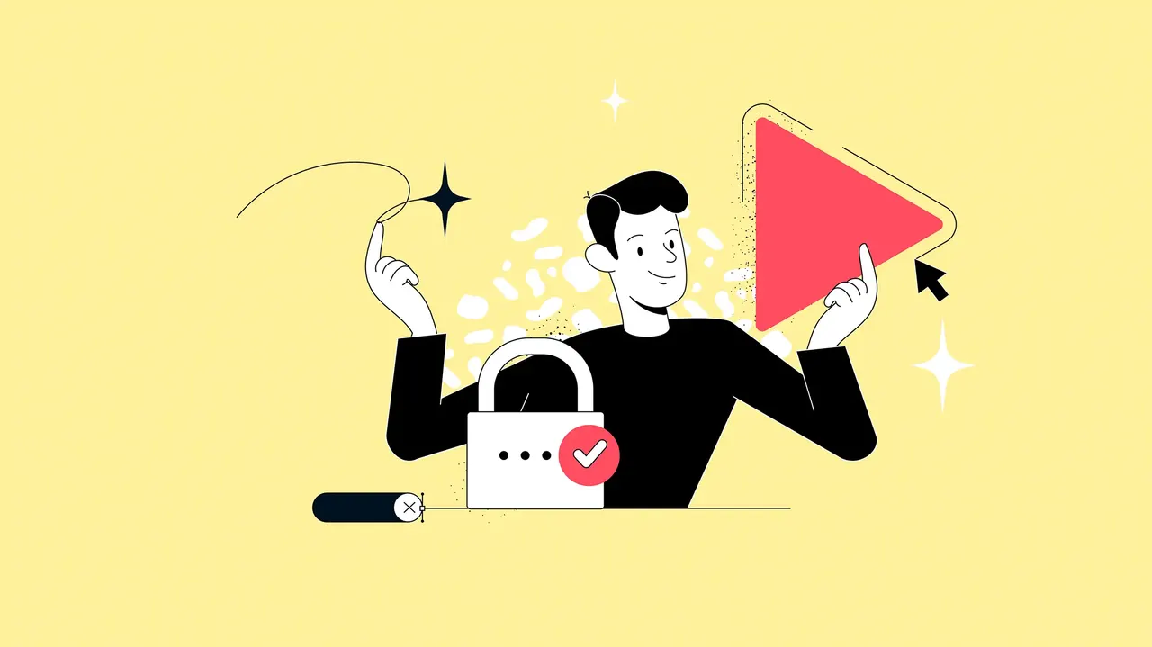 Illustration eines lächelnden Mannes mit rotem Play-Button und Schloss mit Häkchen vor hellem gelbem Hintergrund.