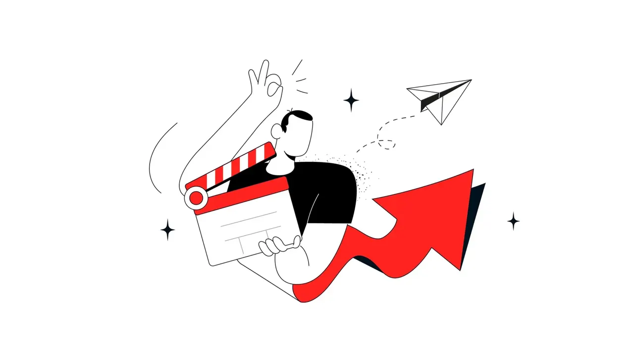 Illustration: Mann mit Filmklappe, Papierflieger und rotem Pfeil nach oben
