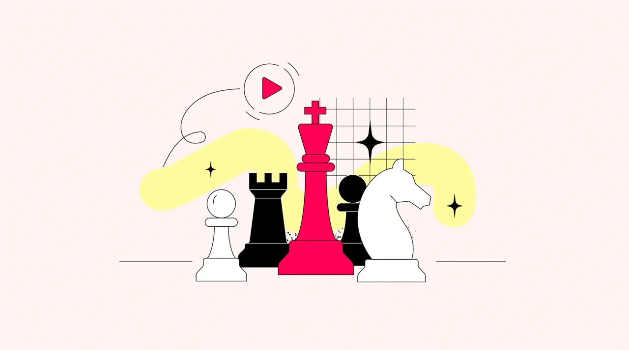 Illustration: Schachfiguren, ein roter König, ein schwarzer Turm, ein weißer Springer