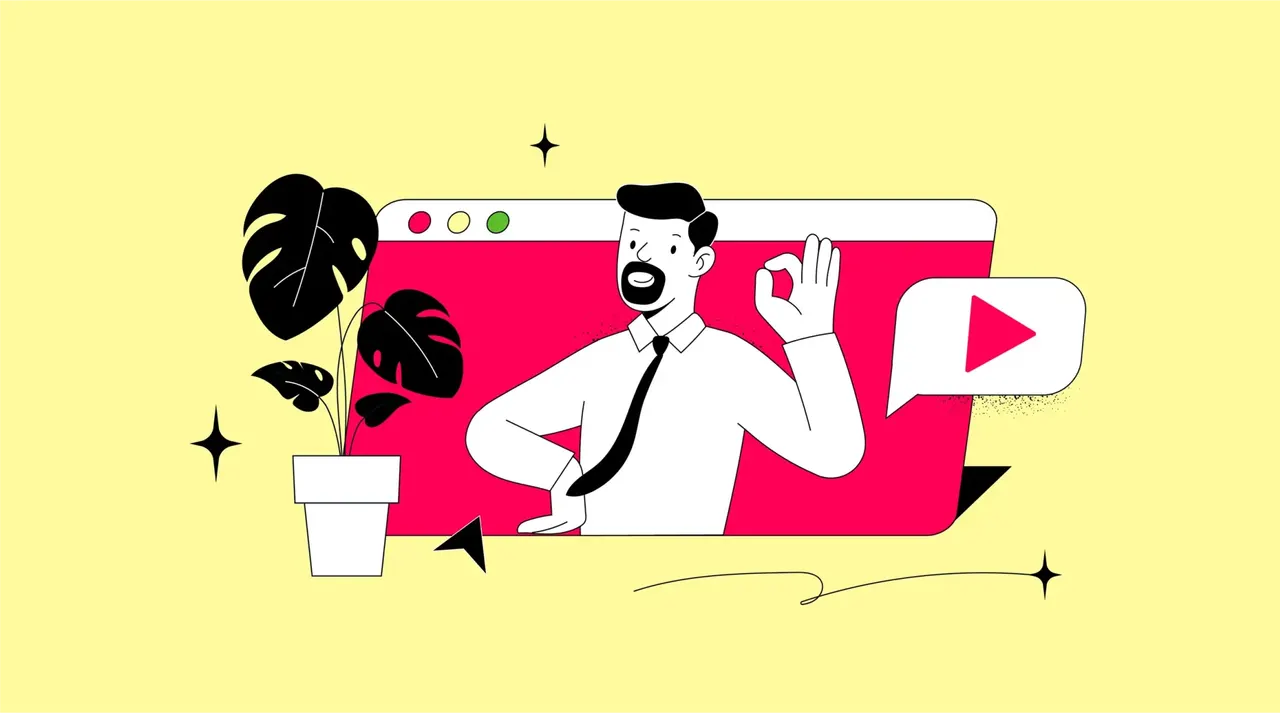 Illustration: Mann im Anzug zeigt Okay-Zeichen vor Browserfenster mit Video-Icon