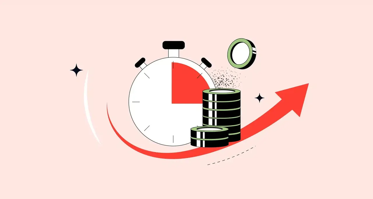 Illustration: Stoppuhr, Geldmünzen und roter Pfeil nach oben