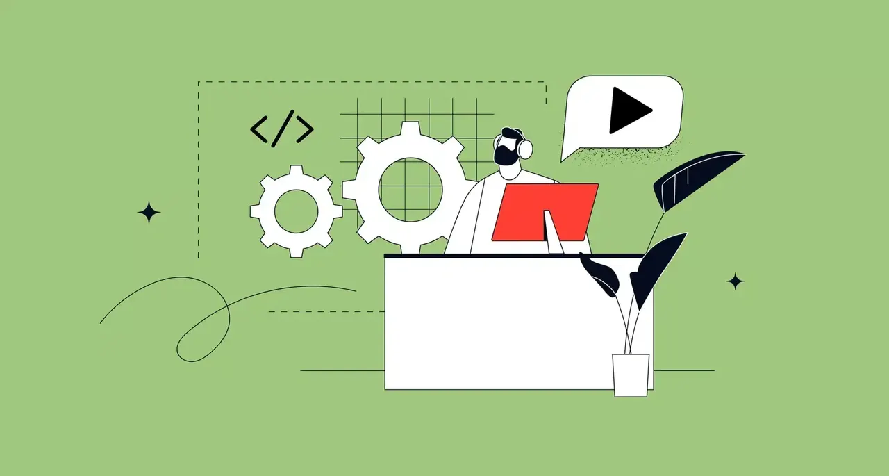 Illustration: Mann mit Kopfhörern am Computer, Zahnräder, Code-Zeichen, Play-Button