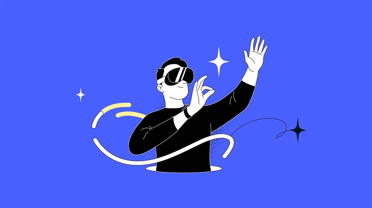 Illustration einer Person mit VR‑Brille, Hand ausgestreckt, umgeben von Linien und Funkeln vor blauem Hintergrund.