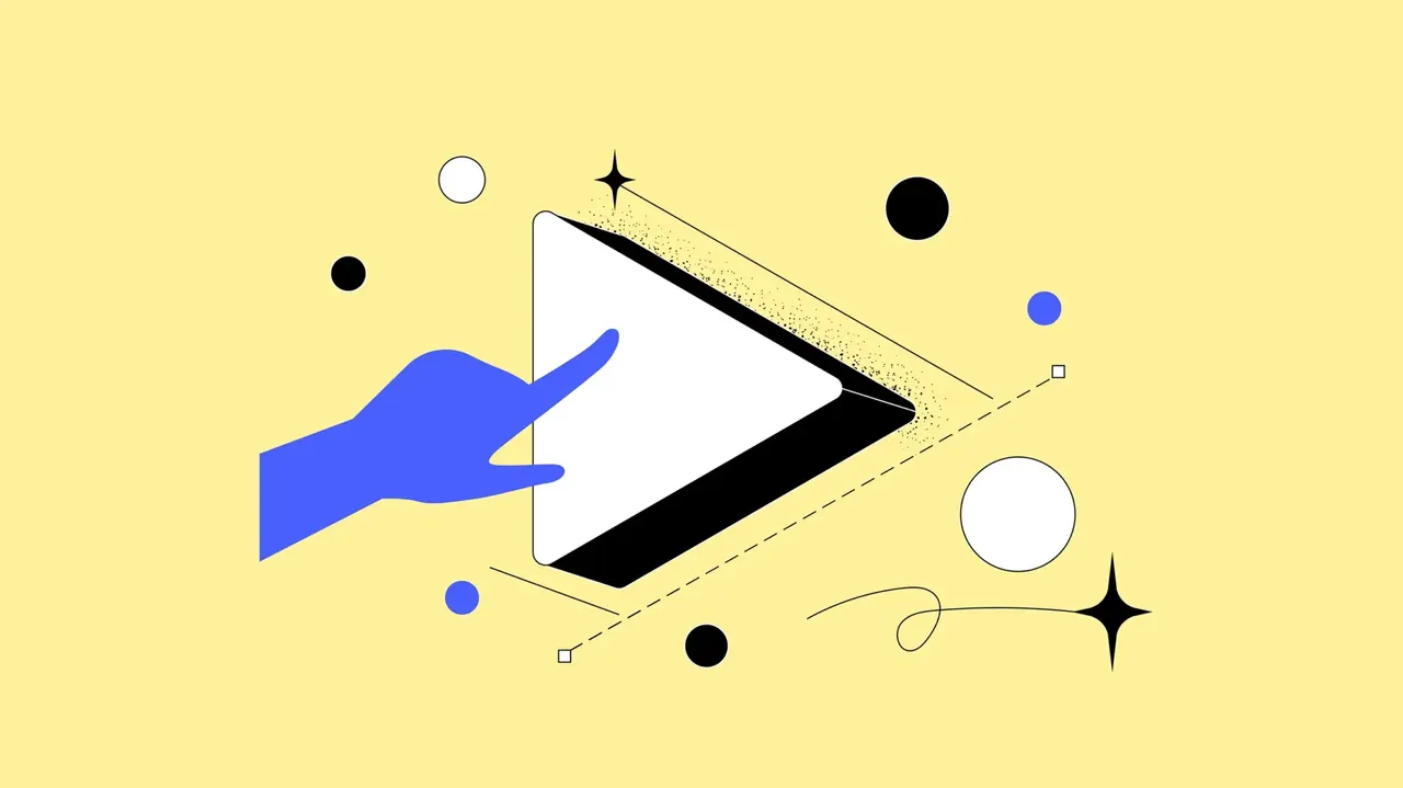 Illustration: Eine blaue Hand tippt auf einen Play-Button, umgeben von geometrischen Formen