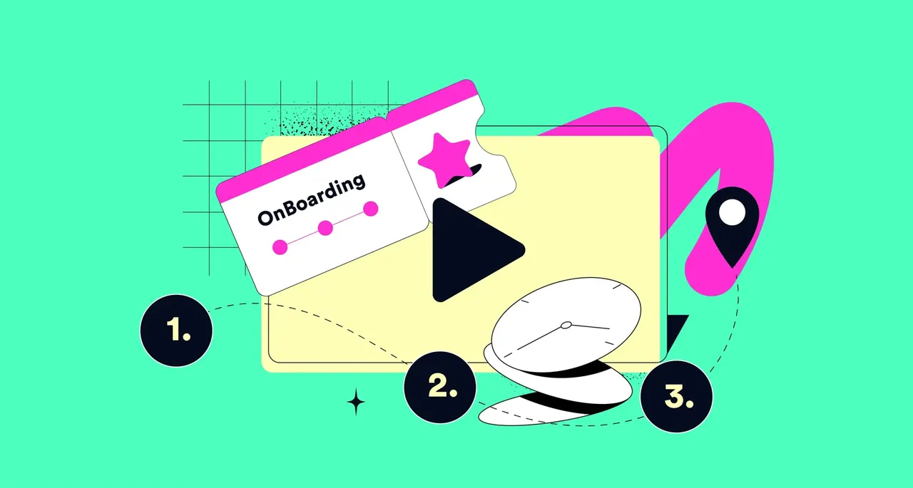 Illustration: OnBoarding-Ticket, Play-Button und Uhren vor grünem Hintergrund
