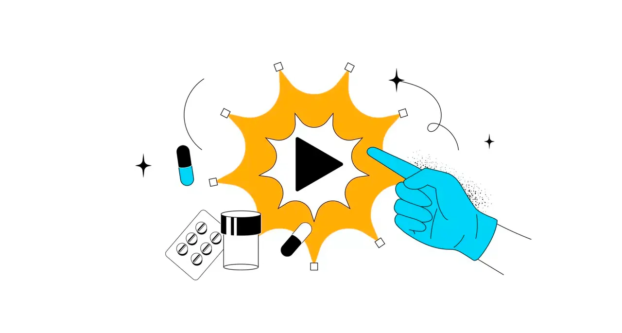 Illustration: Hand in blauem Handschuh zeigt auf Play-Button, umgeben von Medikamenten