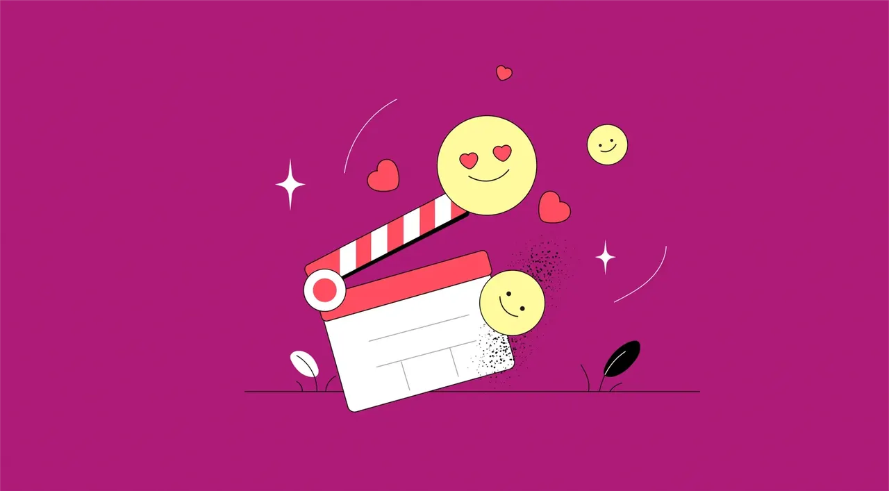 Illustration: Filmklappe mit Emojis und Herzen auf pinkem Hintergrund