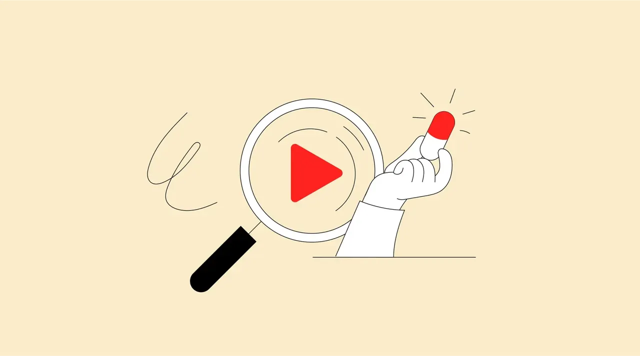Illustration: Hand hält leuchtende Kapsel, Lupe mit Play-Button