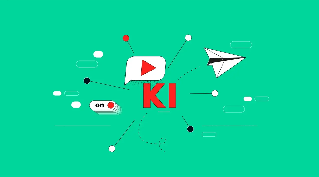 Illustration: Rotes "KI" mit Sprechblase, Play-Button, Papierflieger und Schalter "on"