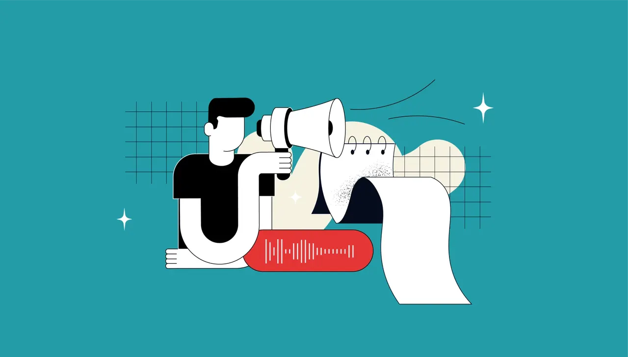 Illustration: Mann mit Megafon, daneben eine lange Liste mit Noten und ein Audio-Wellenform