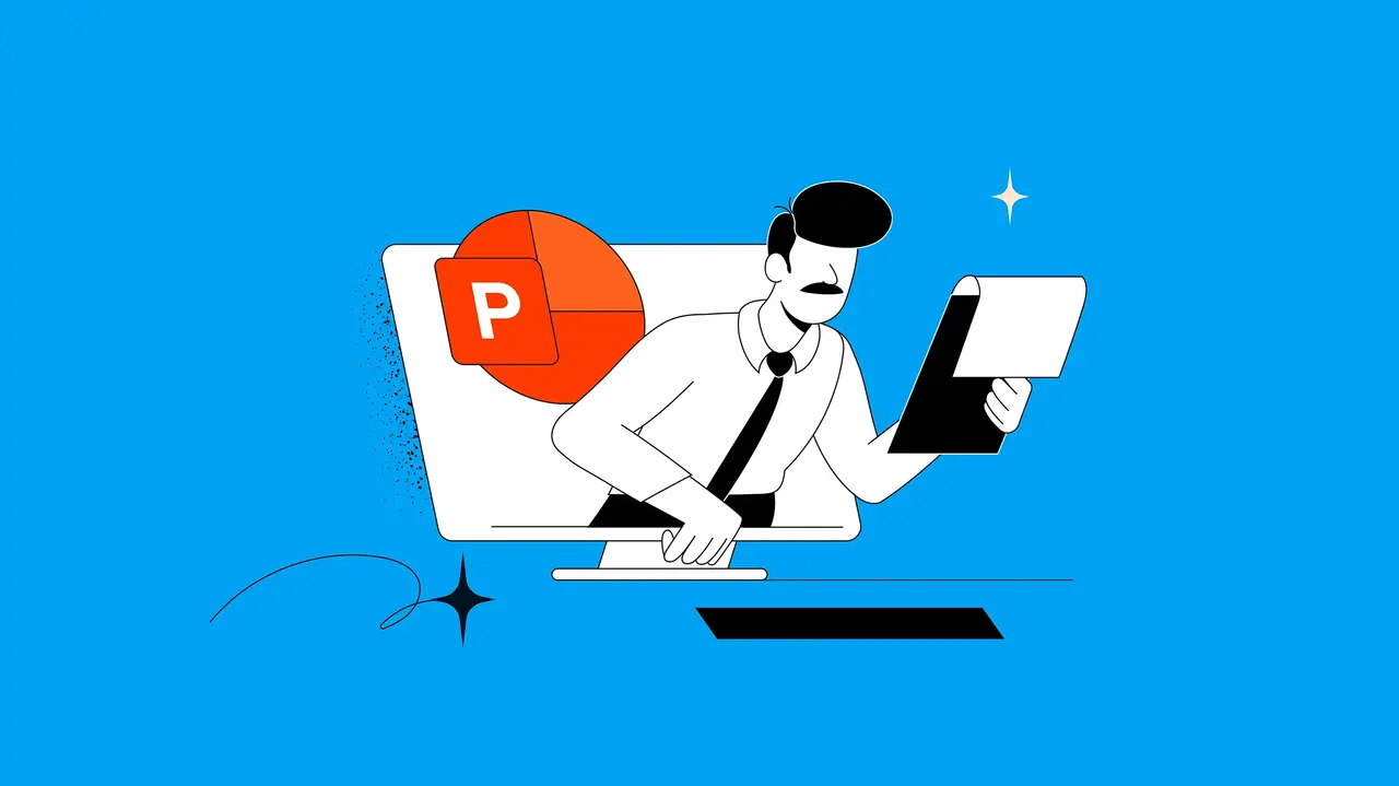Illustration eines Mannes im Anzug mit Dokument vor Computer mit PowerPoint-Logo, vor blauem, funkelndem Hintergrund mit Glitzereffekten.