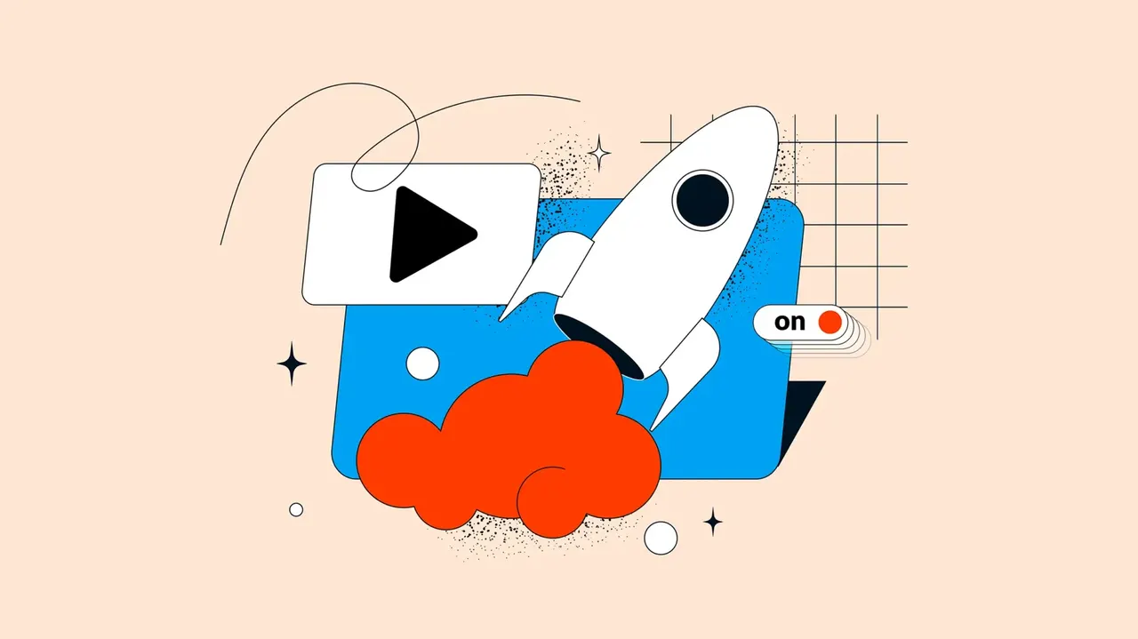 Illustration einer weißen Rakete mit orangefarbenen Flammen vor blauem Feld mit Play-Button und eingeschaltetem Schalter auf hellem Pfirsic…