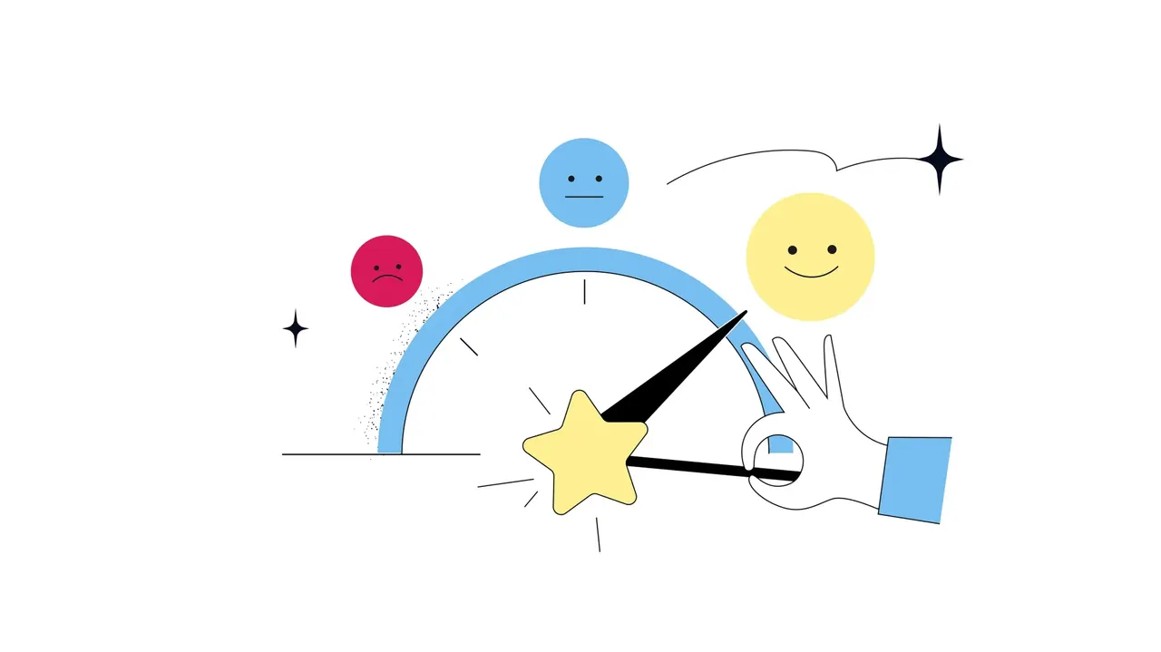 Illustration: Hand dreht Zeiger auf Skala mit Smileys von traurig bis glücklich auf Stern