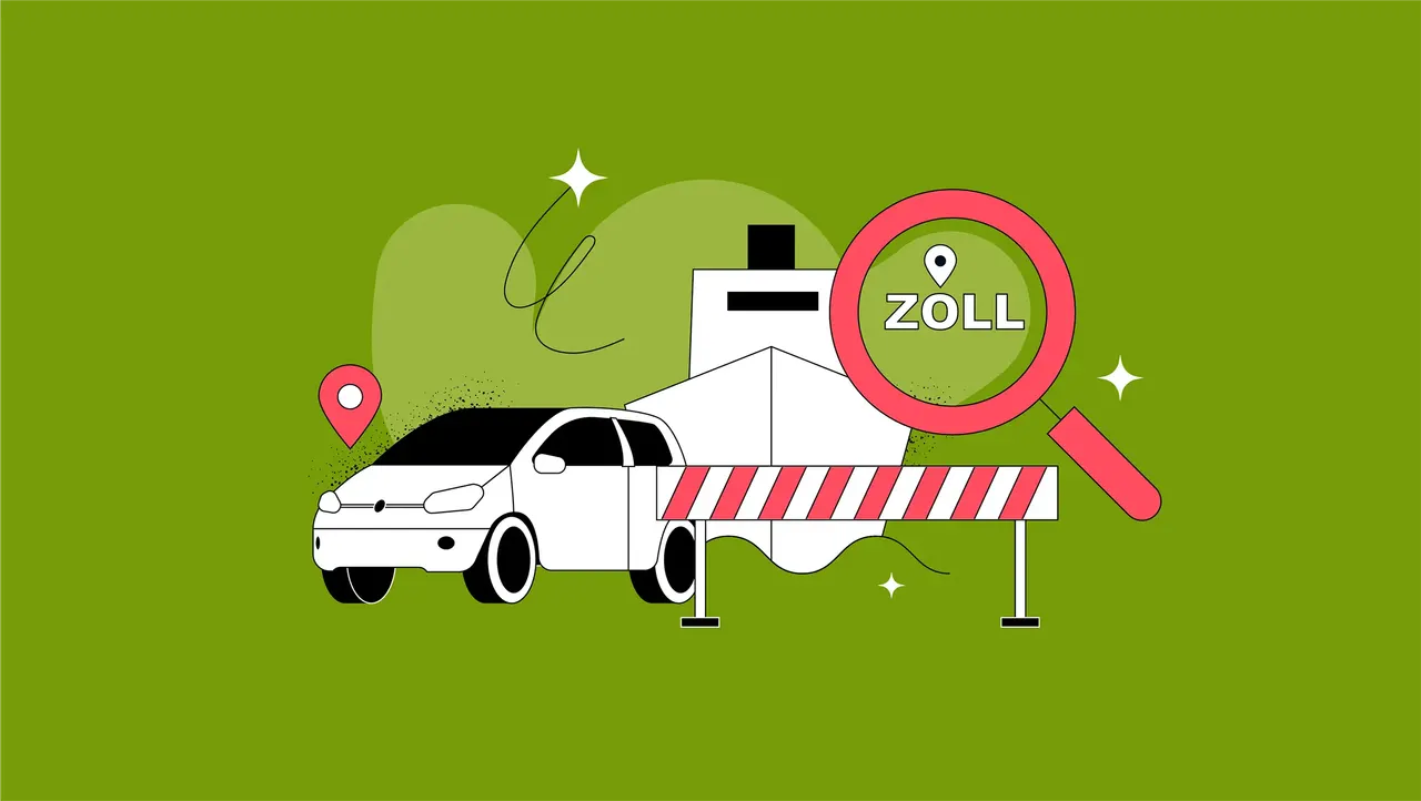 Eine Illustration eines weißen Autos neben einer rot-weißen Schranke mit einer Lupe, die 'ZOLL' hervorhebt.
