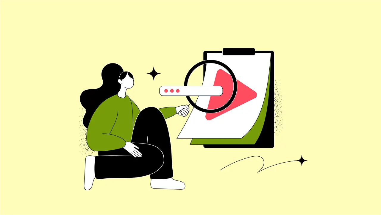 Illustration: Frau sucht mit Lupe nach Video-Inhalten