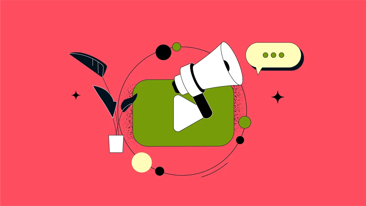 Illustration: Megafon, Play-Button und Sprechblase vor rotem Hintergrund