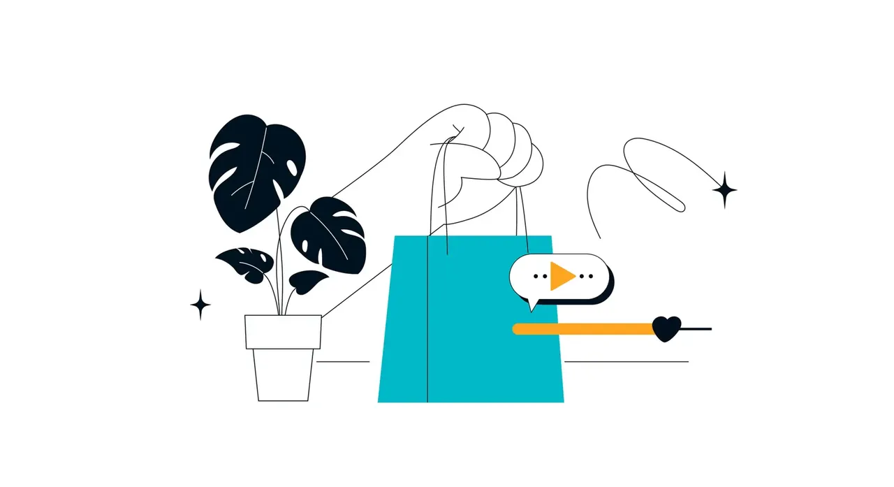 Illustration: Hand hält Einkaufstasche, daneben Pflanze und Videoplayer-Elemente