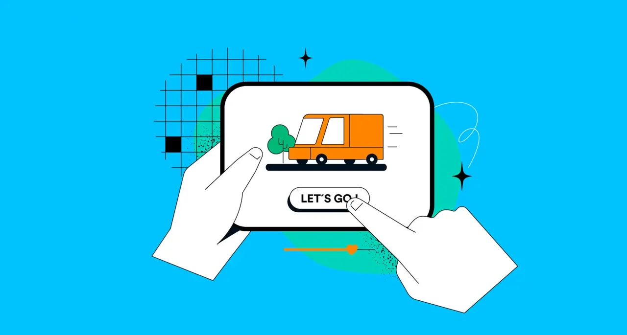 Illustration: Hände halten Tablet mit Lieferwagen und "LET'S GO"-Button