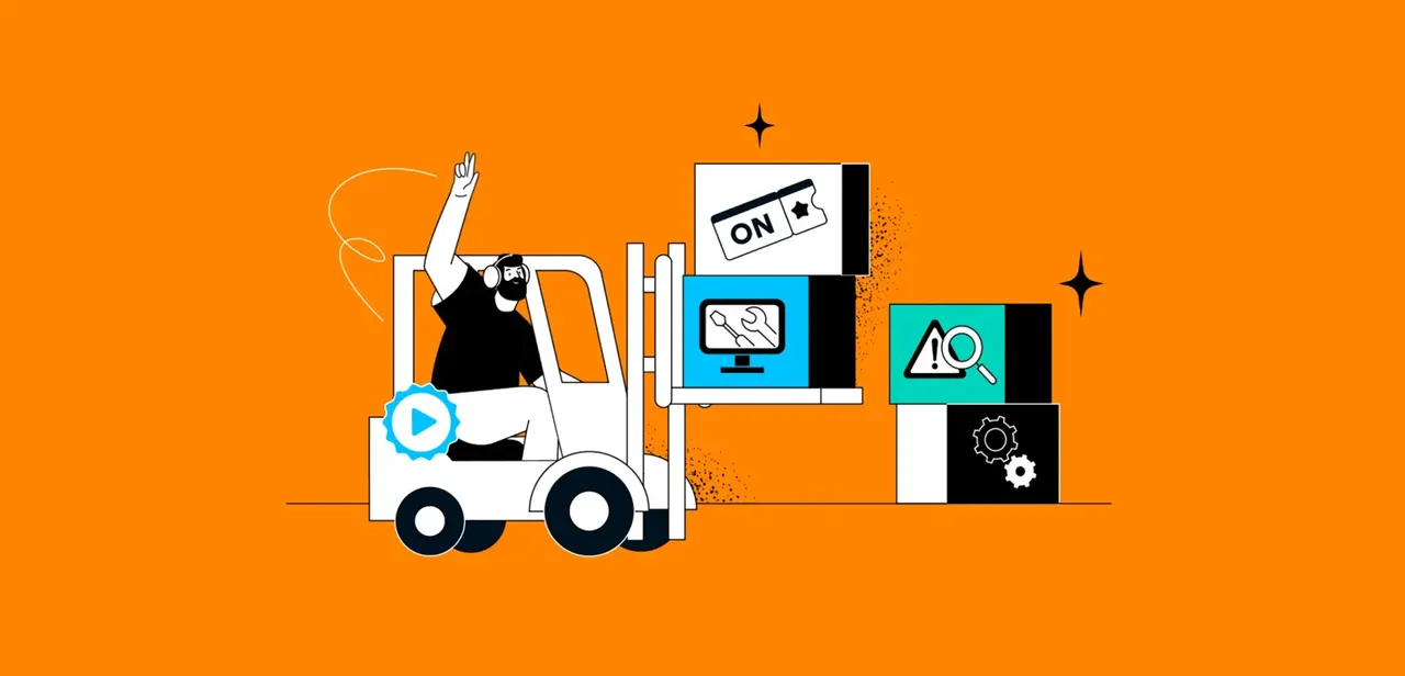 Illustration: Mann im Gabelstapler transportiert Kisten mit Symbolen für Dienstleistungen