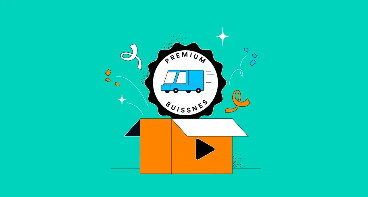 Illustration: Paket mit Play-Button, aus dem ein Siegel mit Lieferwagen und "PREMIUM BUISSNSS" kommt