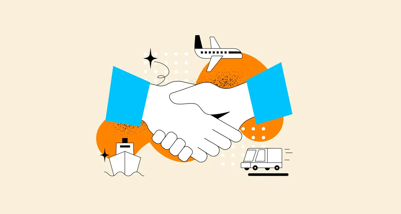 Illustration mit einem Handschlag und Symbolen für Transport: Flugzeug, Frachtschiff, Lieferwagen.