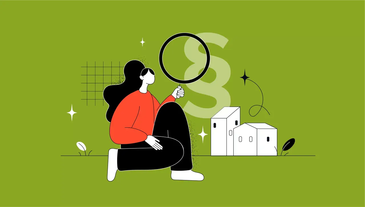 Eine illustrierte Frau mit Sonnenbrille, die eine Lupe hält und Gebäude im Hintergrund betrachtet.