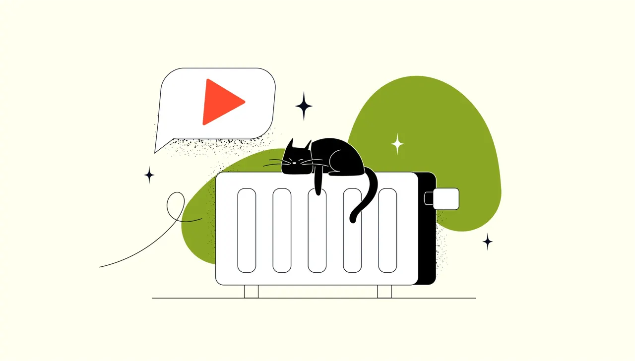 Illustration: Schwarze Katze schläft auf Heizung, Sprechblase mit Play-Button