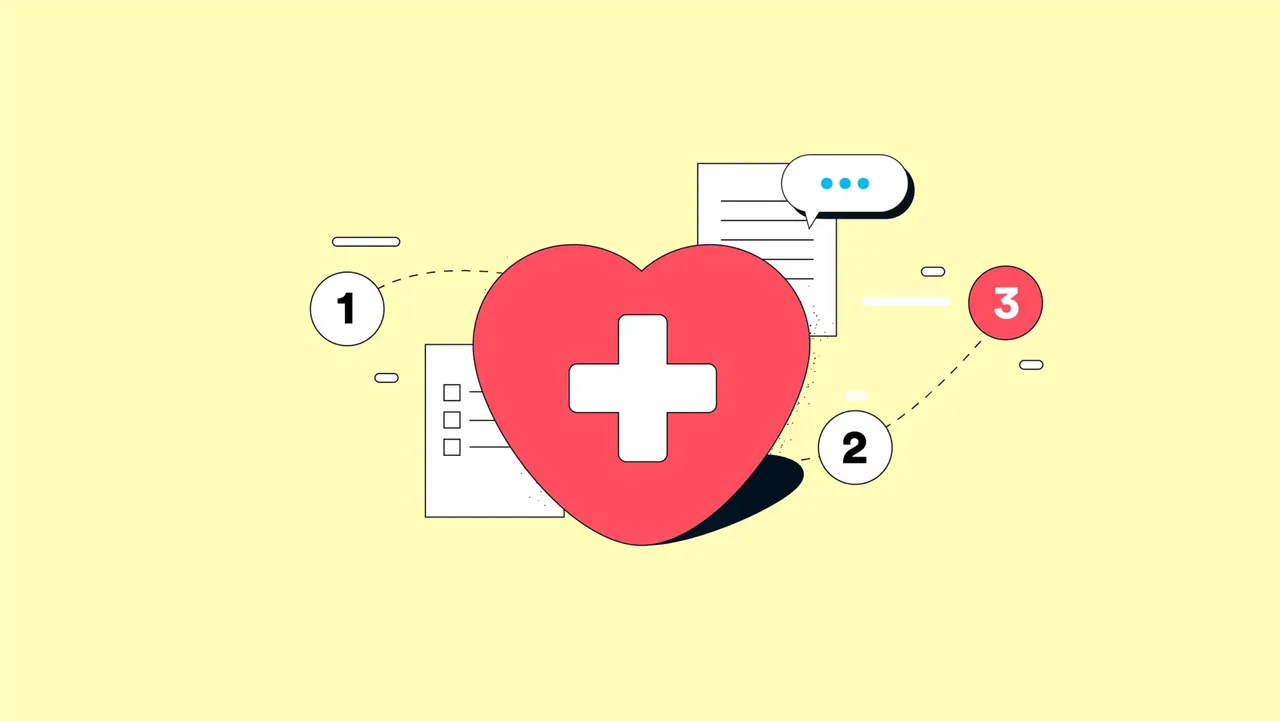 Illustration: Rotes Herz mit weißem Kreuz, umgeben von Dokumenten und nummerierten Kreisen