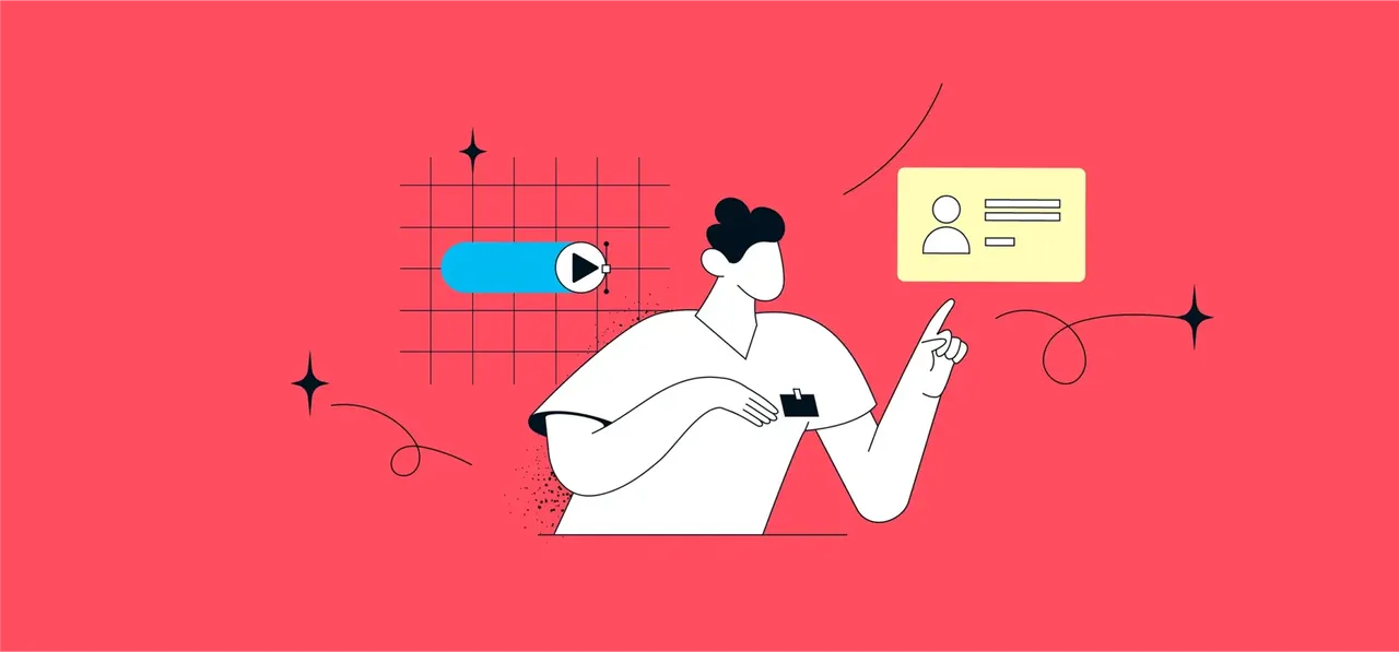 Illustration: Person zeigt auf eine Visitenkarte, daneben ein Video-Play-Button