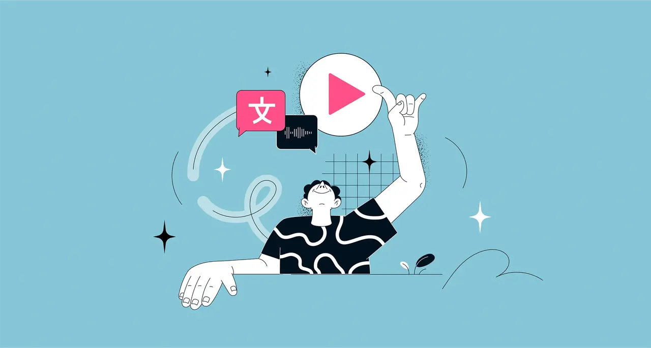 Stilisierte Illustration: Person in gemustertem Hemd greift nach Play-Button, umgeben von Sprechblasen und Klangwellen.