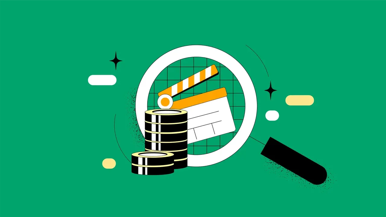 Illustration: Lupe über einer Filmklappe, Münzstapel und geometrische Formen auf grünem Hintergrund.
