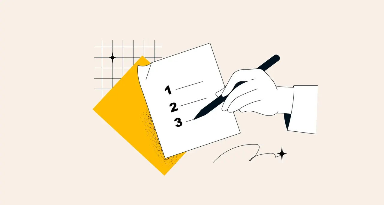 Illustration: Eine Hand schreibt mit einem Stift eine nummerierte Liste auf ein Blatt Papier