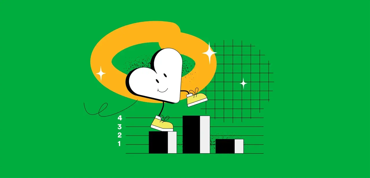 Illustration: Herzfigur steigt auf Balkendiagramm, umgeben von glänzenden Elementen