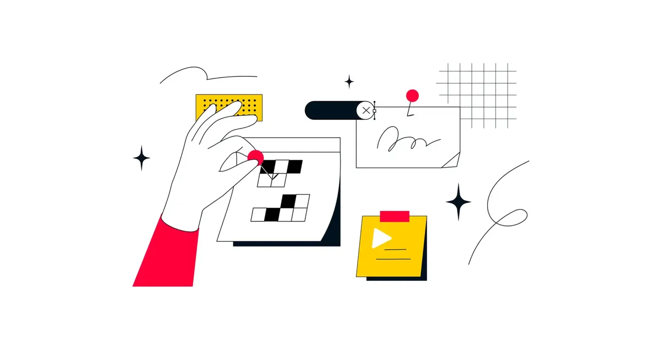 Illustration: Hand mit roter Stecknadel an Kreuzworträtsel auf Notizblock; gelbe Haftnotiz mit Play‑Symbol.