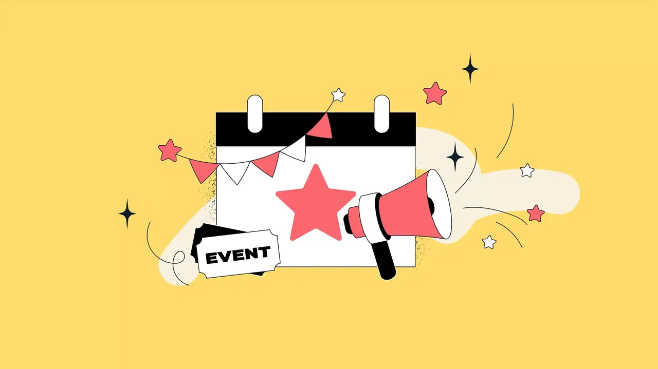 Gelber Hintergrund mit einem Kalender, Megafon und Banner mit "EVENT".